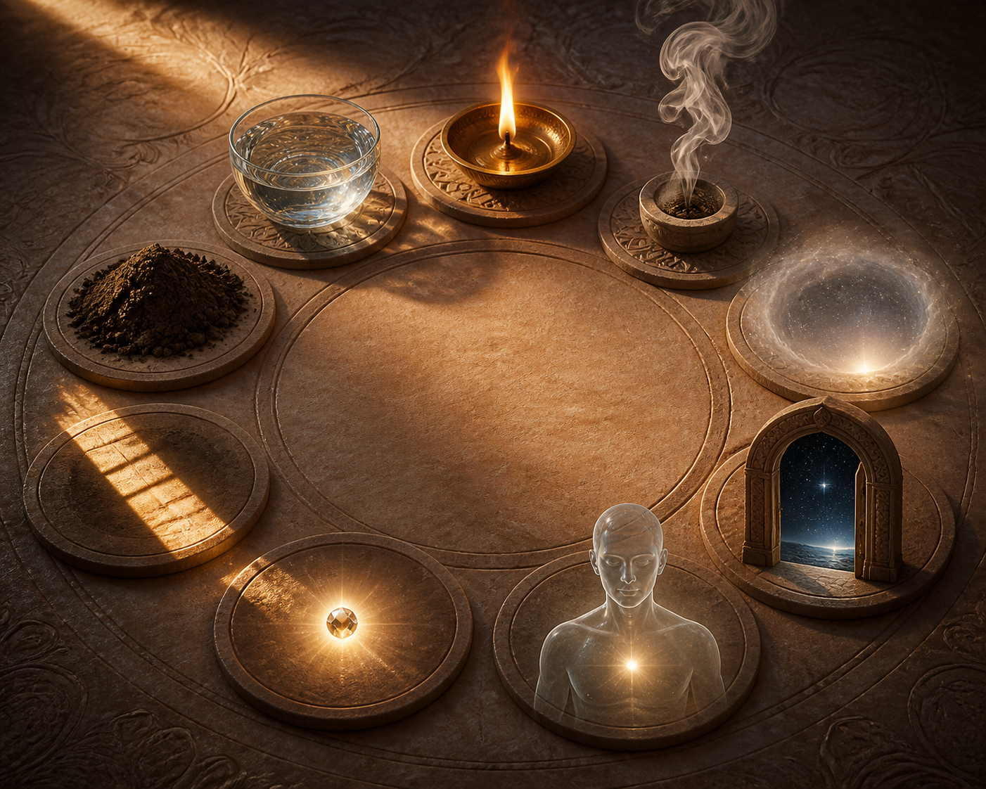 Nine symbolic motifs form a circle: earth, water, flame, smoke, luminous emptiness, sunlight and shadow, starry distance, a translucent person and a small point of light.