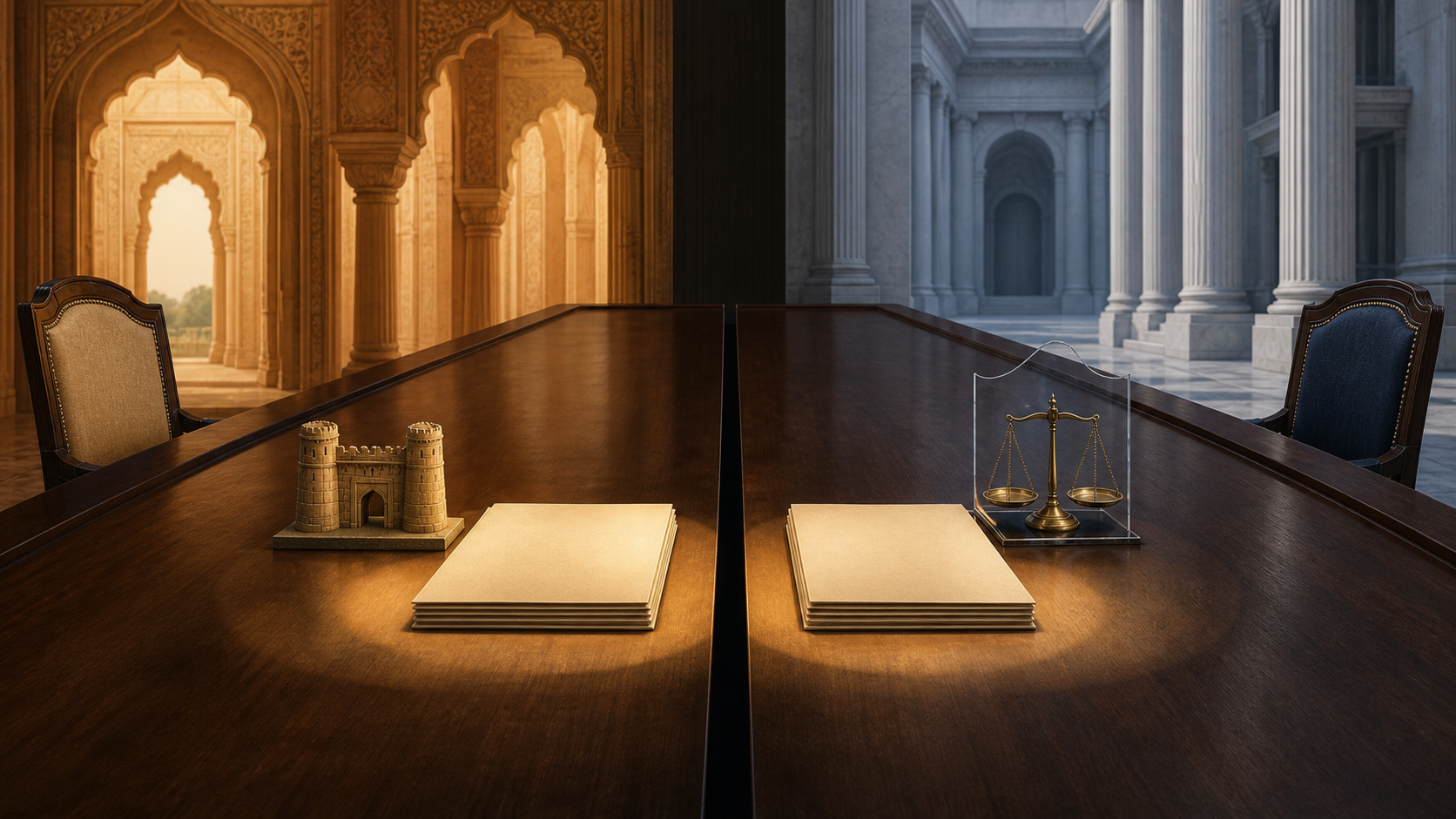 Two separate unmarked dossiers sit between Indian and American architectural settings, one beside a border gate and the other beside protected scales.