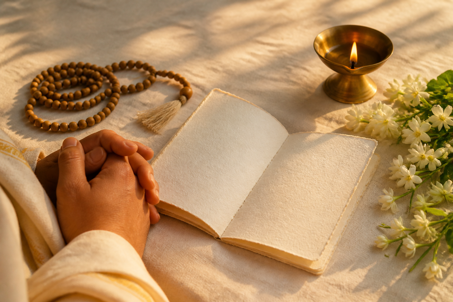 Hands beside a blank letter, tulasi prayer beads, a brass oil lamp and white jasmine flowers in warm morning light.