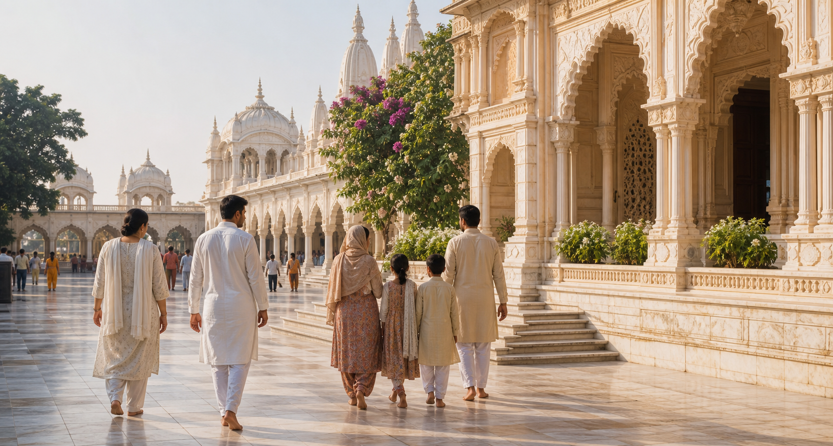 Modestly dressed visitors approach a pale stone temple entrance in Vrindavan with their phones put away.