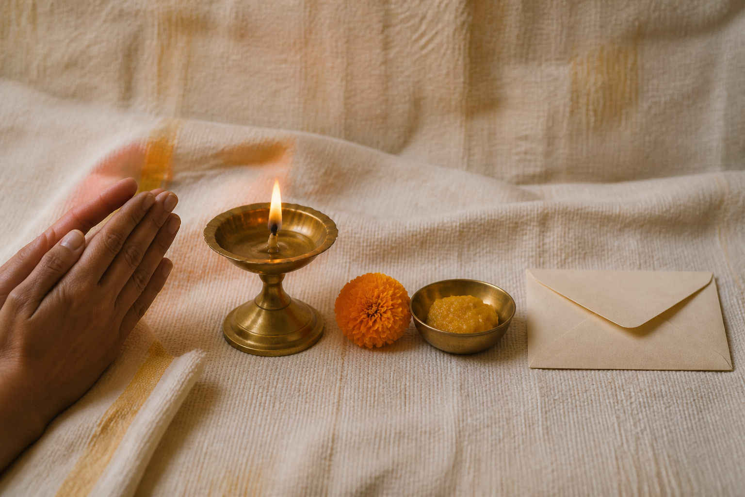 Folded hands, a glowing oil lamp, a flower with an offering bowl, and an unmarked envelope arranged in sequence on ivory fabric.