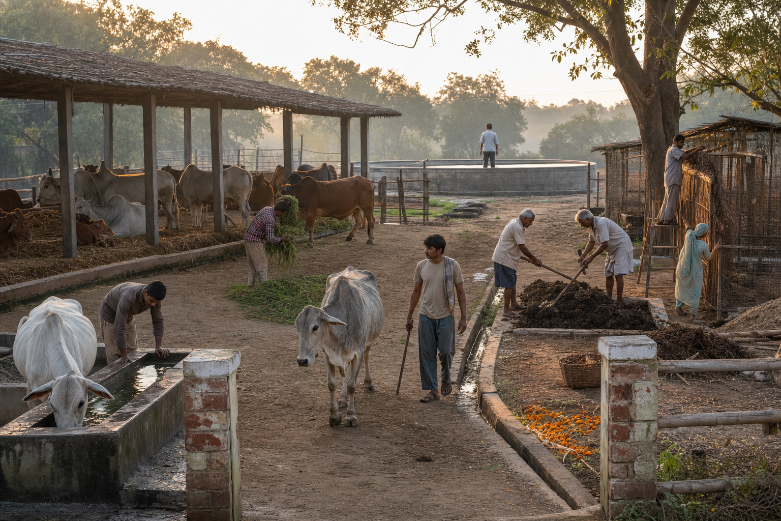 Volunteers of different ages continue morning cow care by filling water, distributing fodder, checking an older cow, repairing shelter, and tending compost.