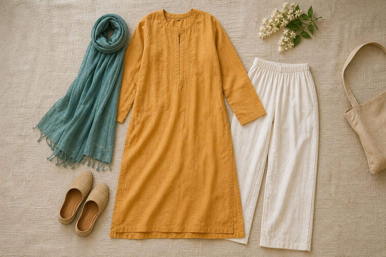 A long-sleeved tunic, loose full-length trousers, scarf, and slip-on shoes arranged as a modest temple outfit.
