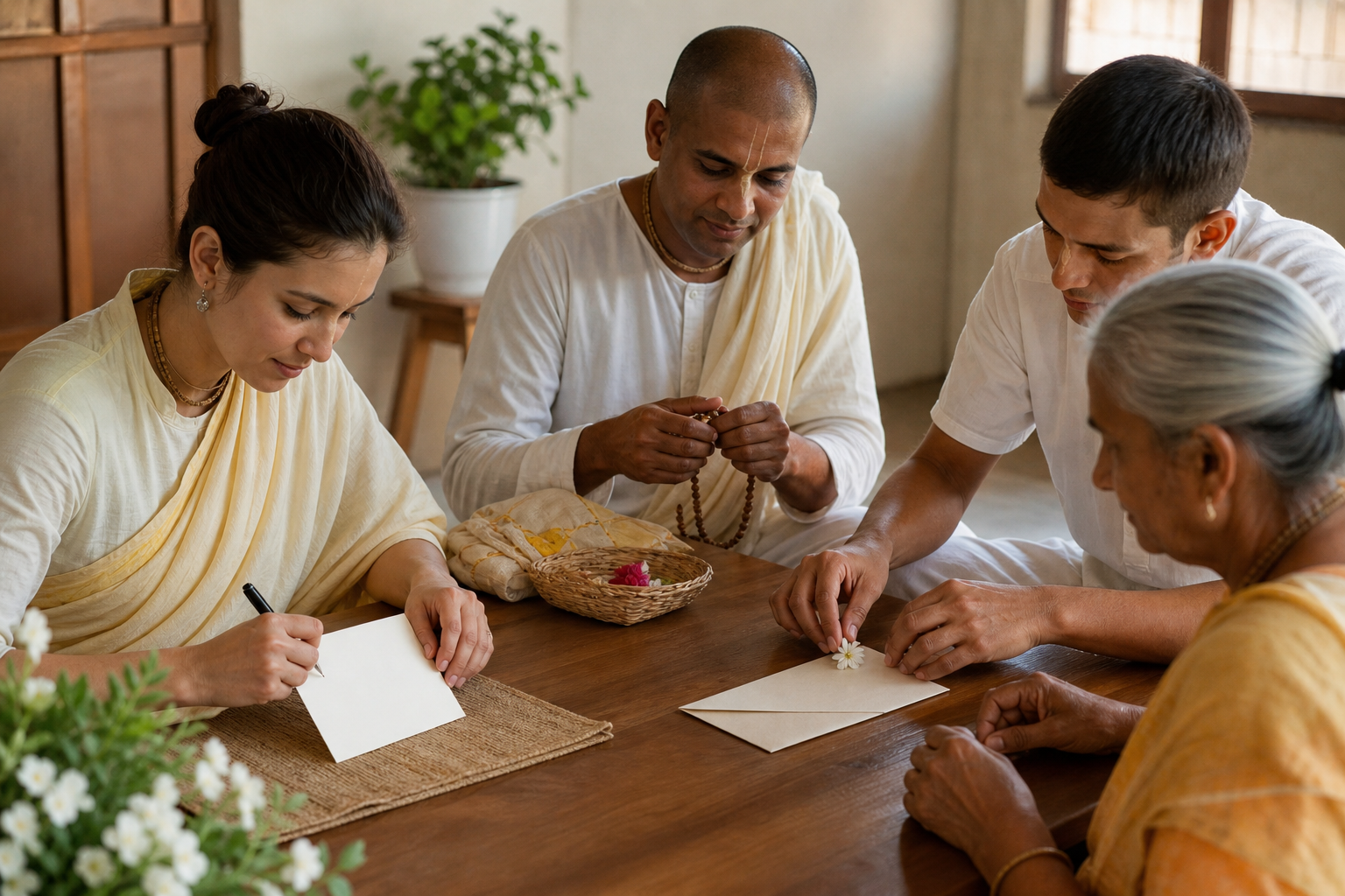 Devotees of different ages prepare blank cards, prayer beads, flowers and unmarked envelopes together in a softly lit community room.