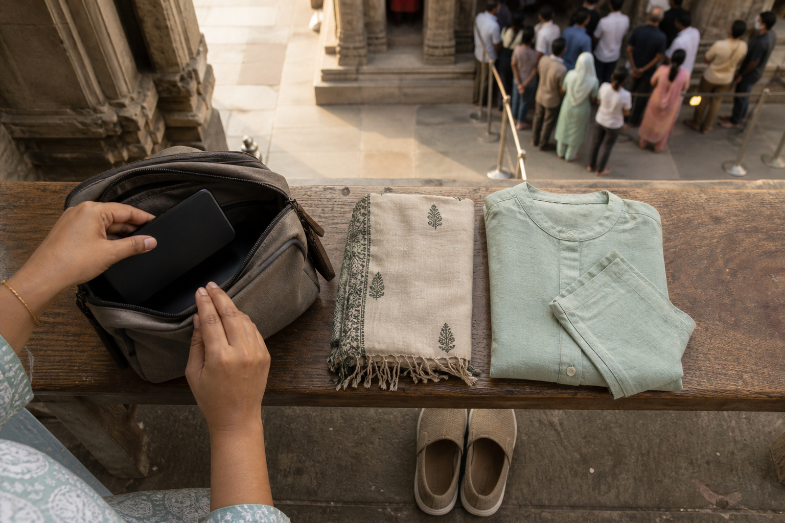 A visitor checks a scarf, sleeved outer layer, closed phone, zippered bag, and slip-on shoes before joining a temple queue.