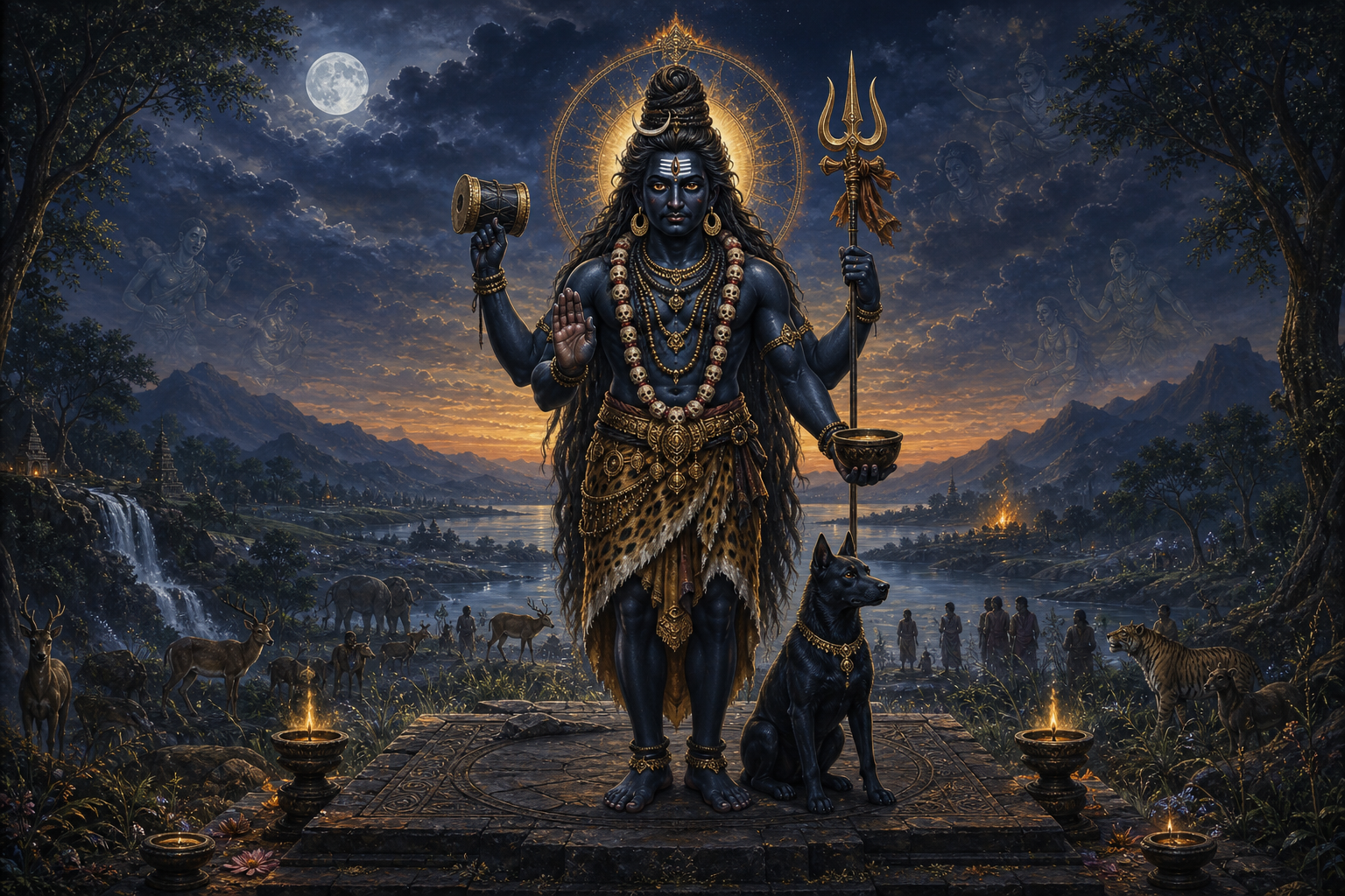 Bhairava stands with a trident and other ritual attributes beside a seated black dog, surrounded by people, animals and elemental forms in a twilight landscape.