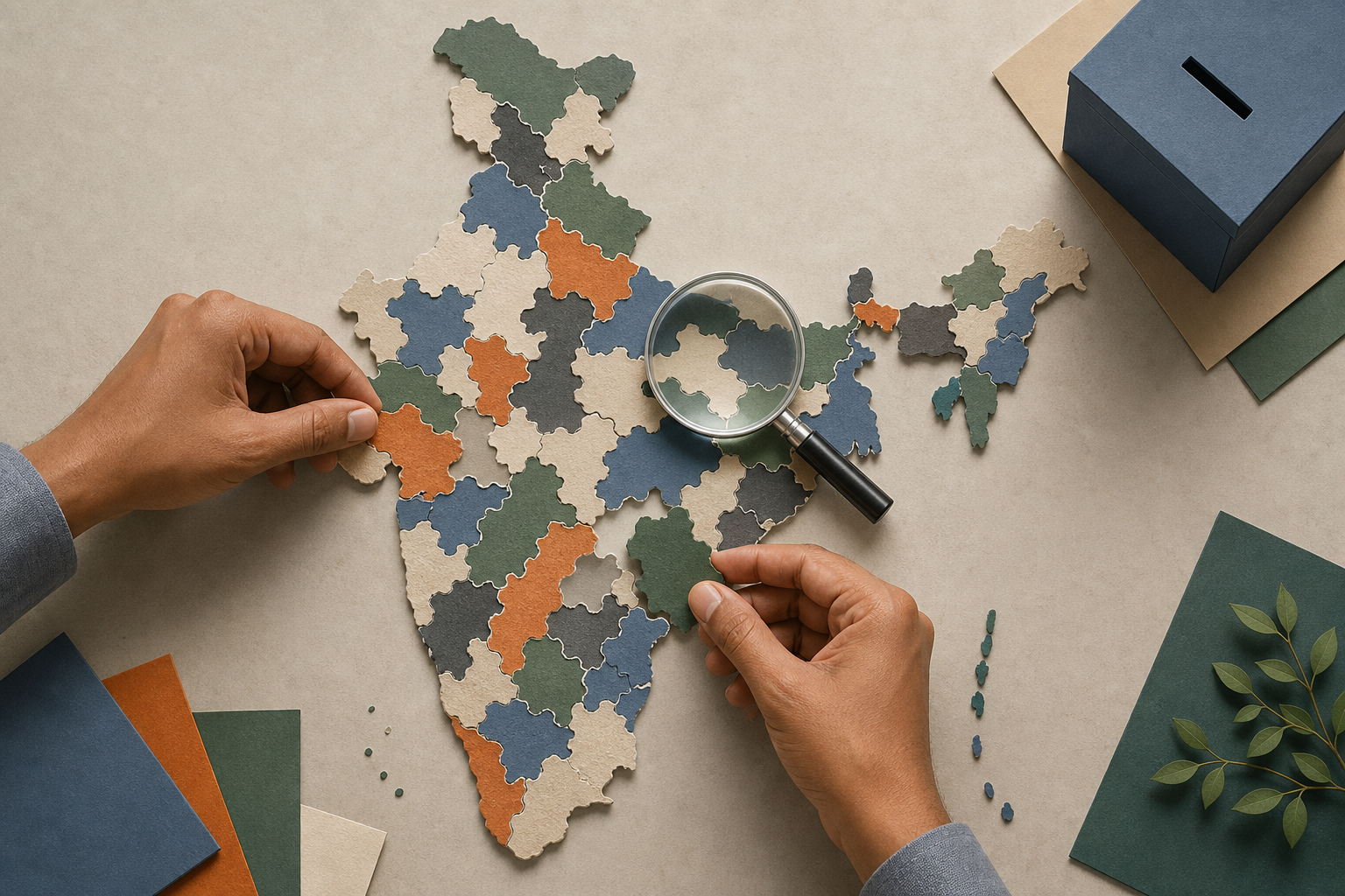 Overhead illustration of an unlabeled India map made from interlocking paper pieces, with hands adjusting internal boundaries beside a magnifying glass and ballot box.