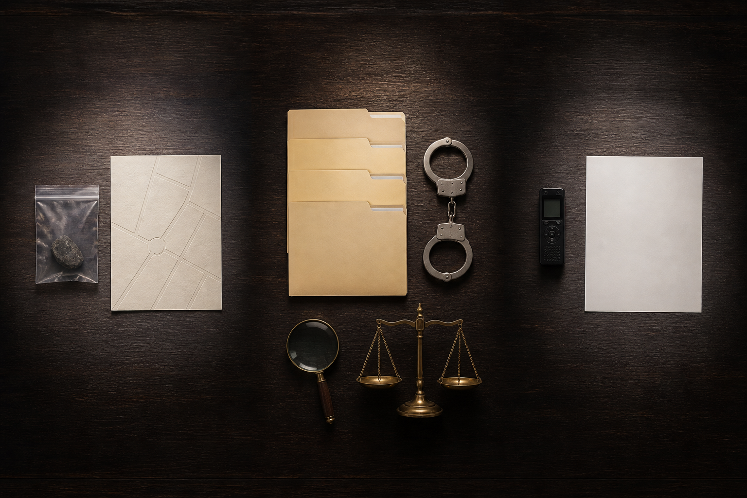 An editorial still life of three separated evidence groupings with blank case folders, handcuffs, an audio recorder, a magnifying glass, and legal scales.