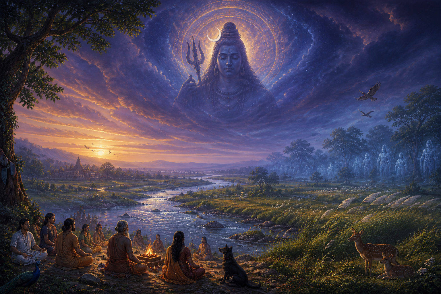 People, animals, earth, water, fire, wind and faint translucent presences share a layered landscape beneath the watchful silhouette of Bhairava.