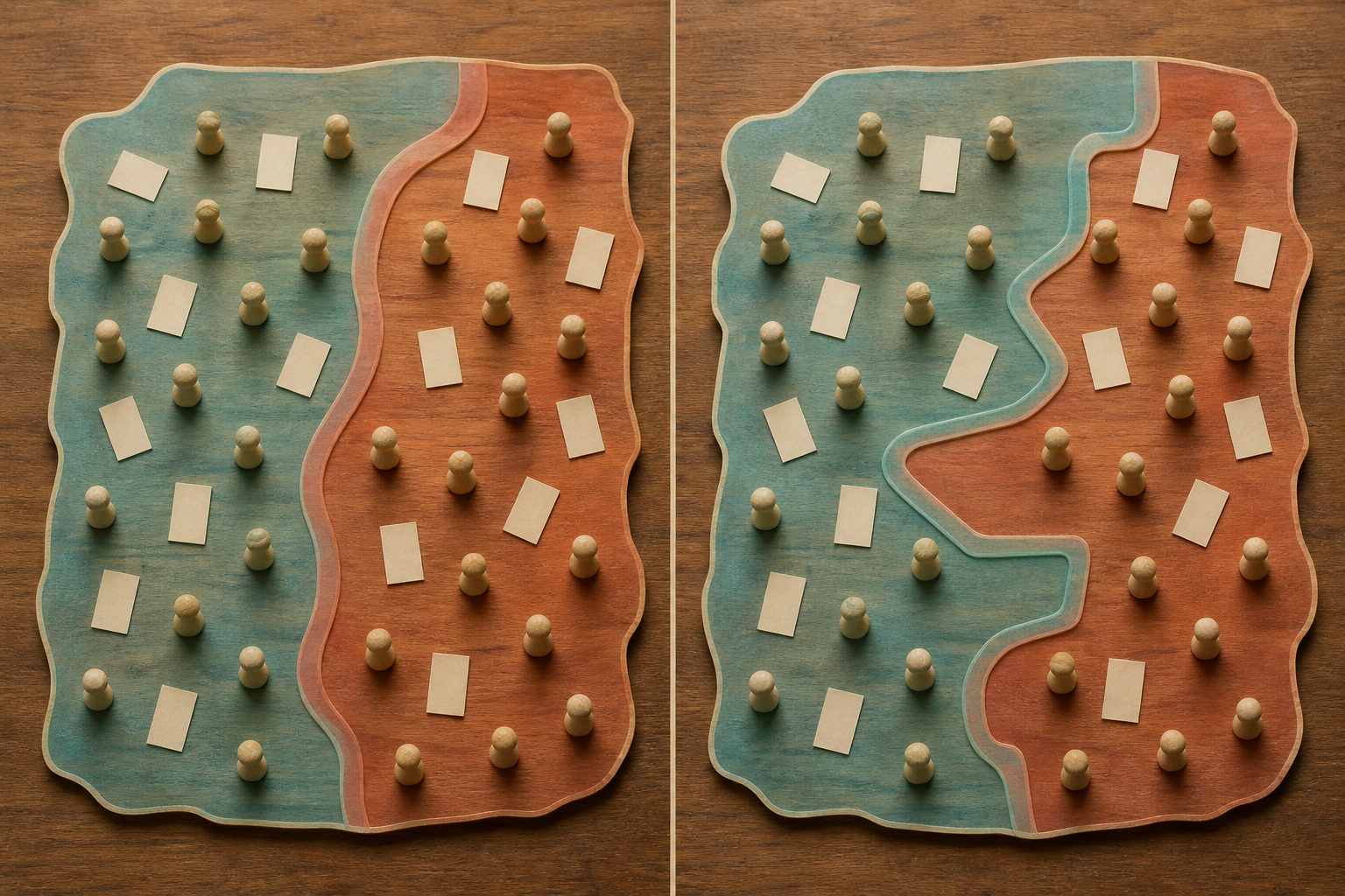 Two side-by-side groups of identical voter tokens show the same ballots divided by differently shaped constituency boundaries.