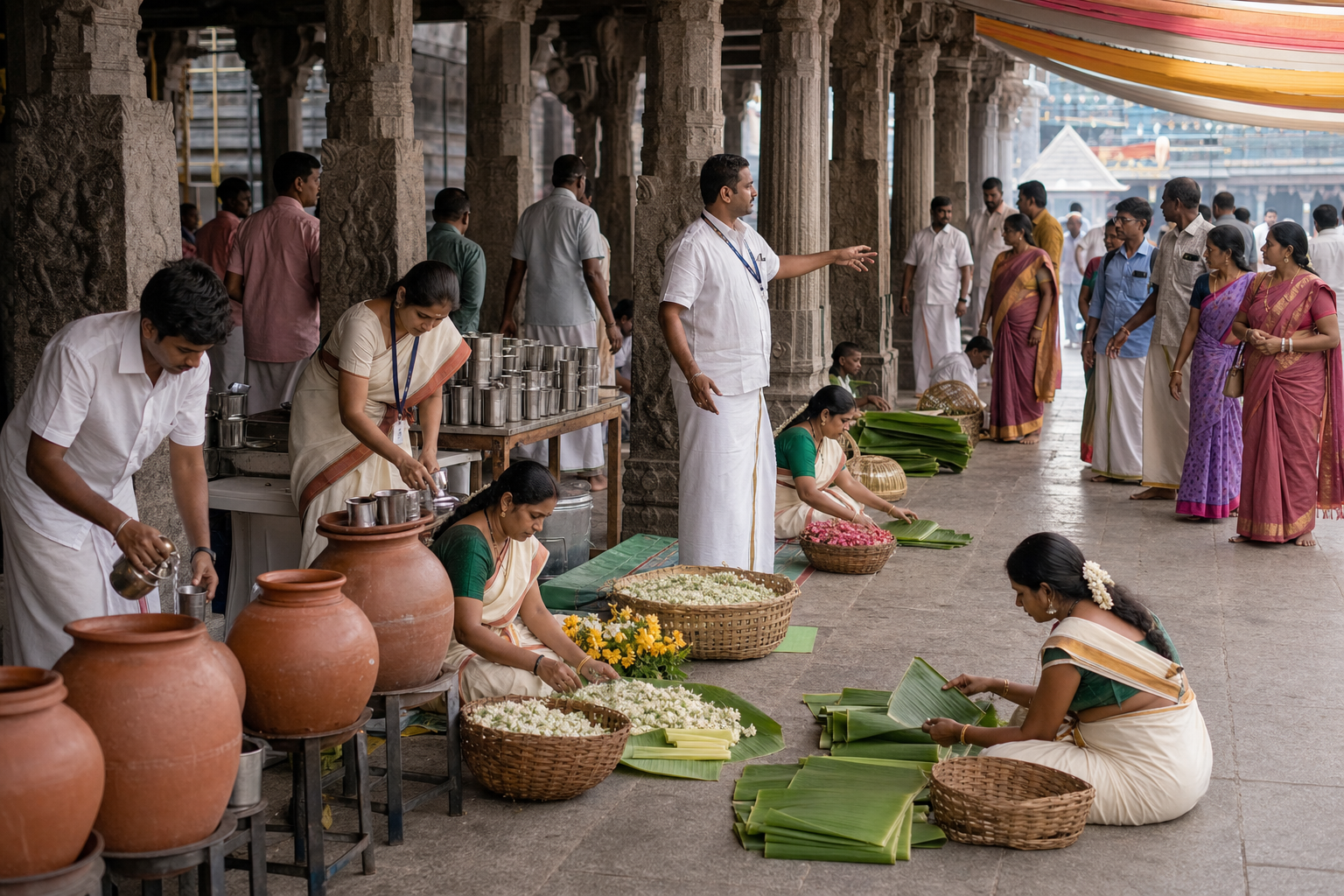 Temple volunteers refill water pots, stack steel cups, sort flowers, prepare banana leaves, and guide pilgrims in a shaded stone corridor.