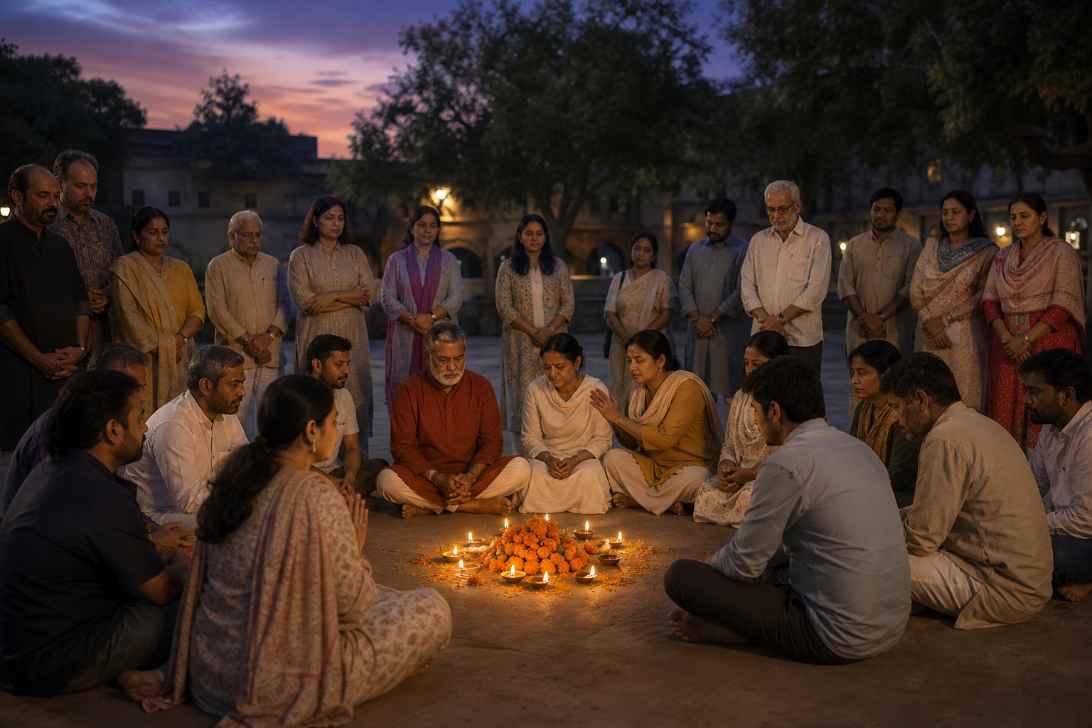 An editorial illustration of community members gathering peacefully around oil lamps and marigold flowers at twilight.