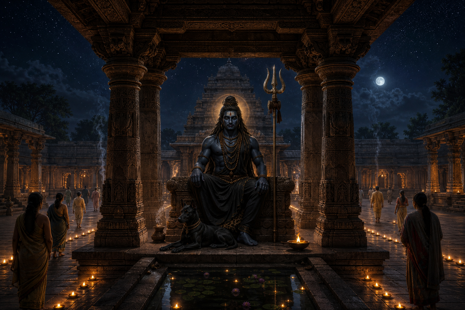 Bhairava sits with a trident and black dog in a symmetrical stone temple courtyard illuminated by orderly rows of oil lamps.