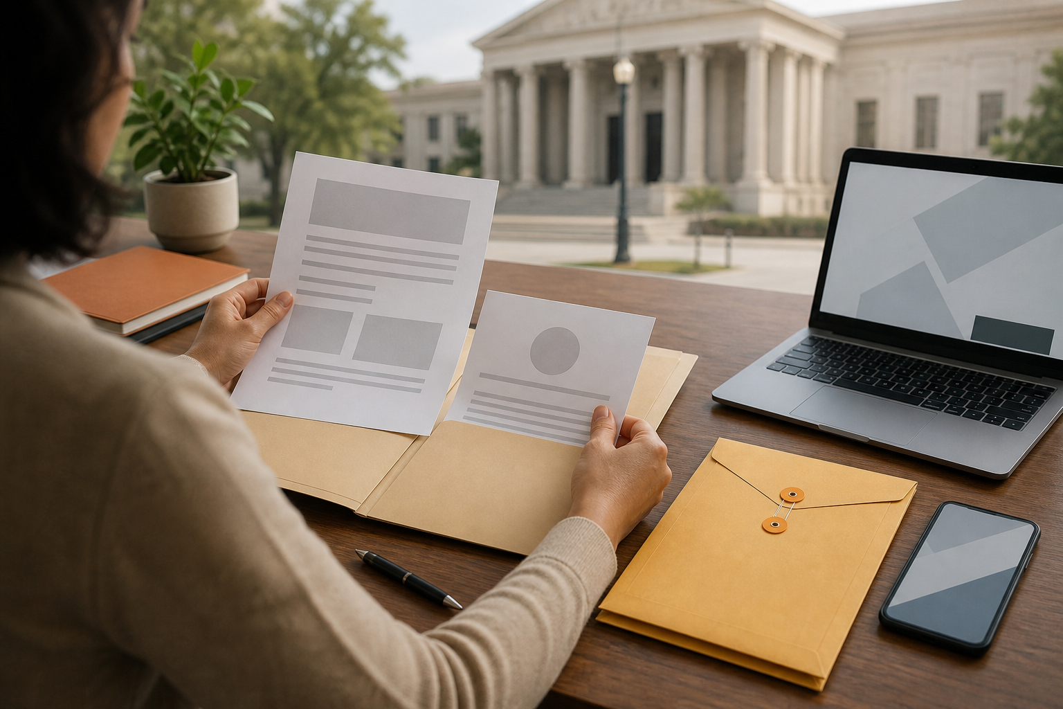 A citizen organizes source materials and prepares a document at a desk with a phone and laptop, with a courthouse-like building in the background.