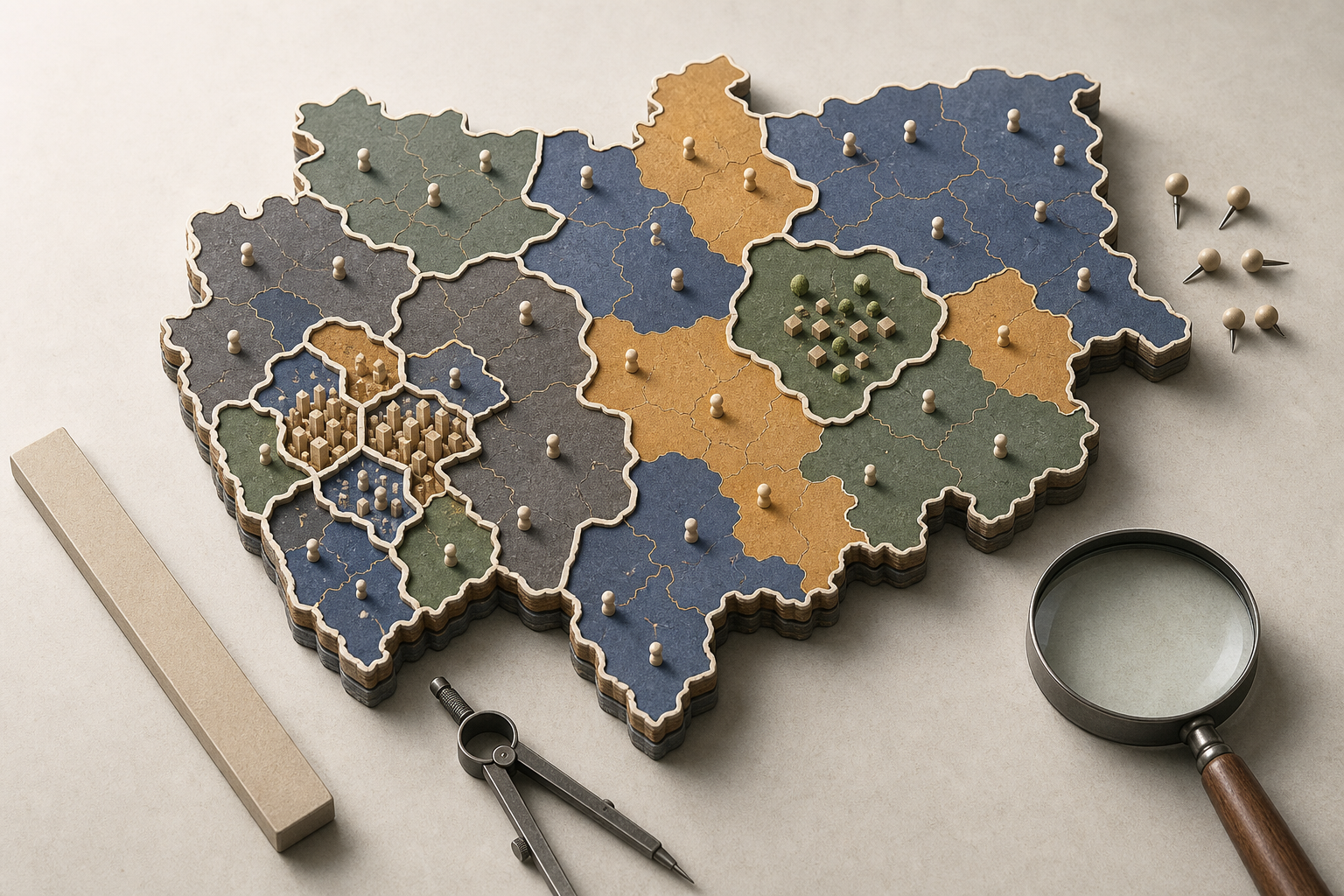 An unlabeled model of Maharashtra with conceptual electoral boundary pieces, administrative seams, population markers, a ruler, compass, and magnifying lens.