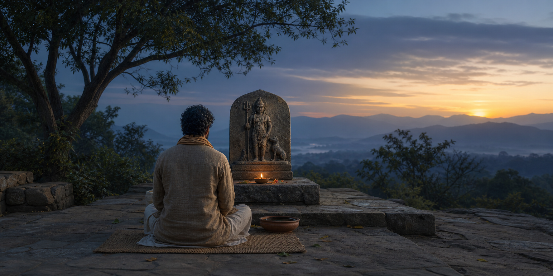 A seated practitioner faces a small stone image of Bhairava at a quiet outdoor shrine lit by one oil lamp before sunrise.