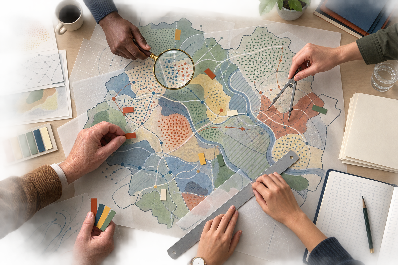 Several hands examine layered, unlabeled district maps with a magnifying glass, compass, tabs, ruler, documents, and an open ledger.