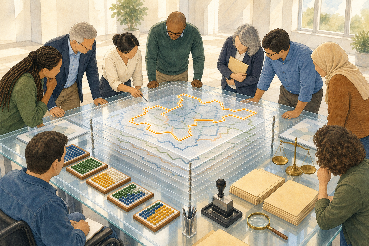 Citizens and administrators inspect stacked transparent versions of a fictional electoral map on an archive table beside blank folders and a balance scale.
