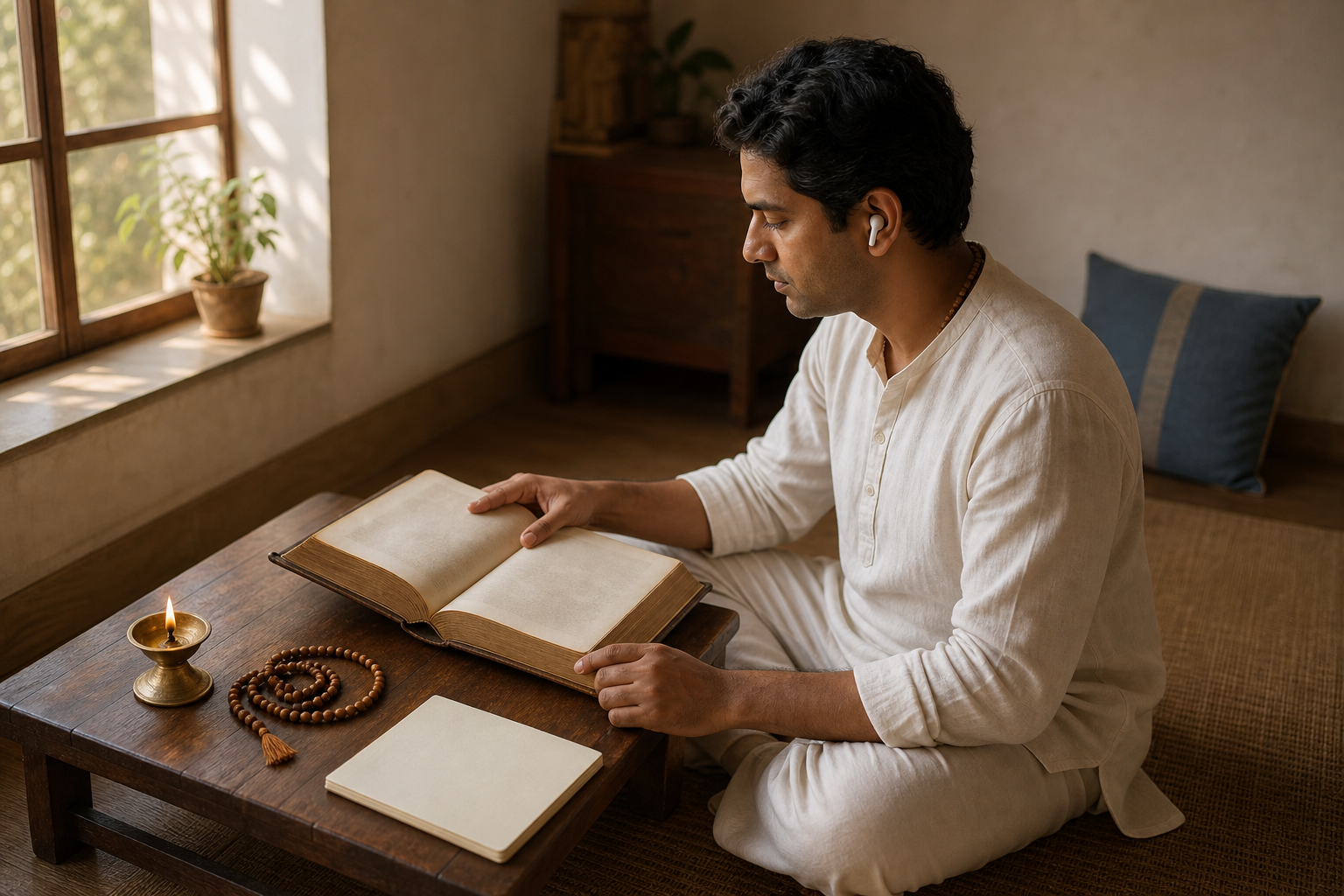 A listener studies an open sacred book at a low desk while hearing a discourse through an earbud, with prayer beads, a notebook, and an oil lamp nearby.