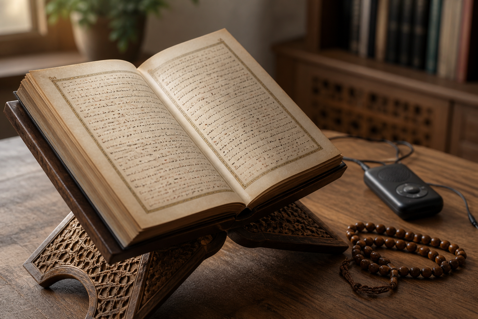 An open sacred book on a wooden stand sits in front of a small audio player and a strand of prayer beads.