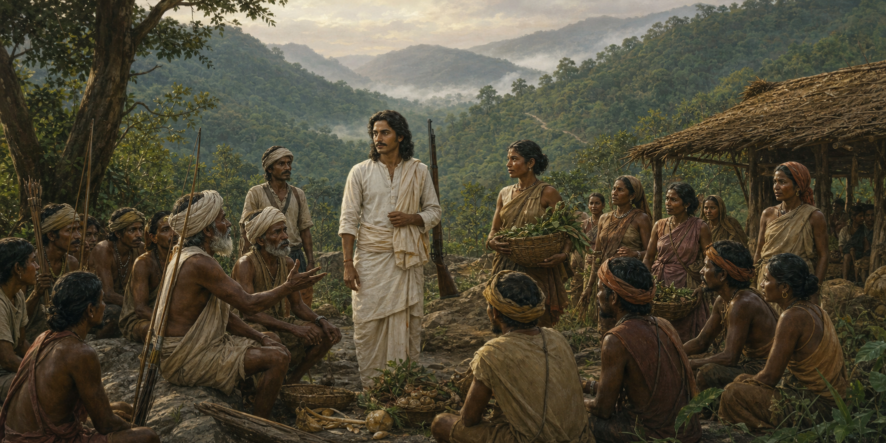 Editorial illustration of Alluri Sitarama Raju standing with hill-community residents at a village gathering in the forested Eastern Ghats.