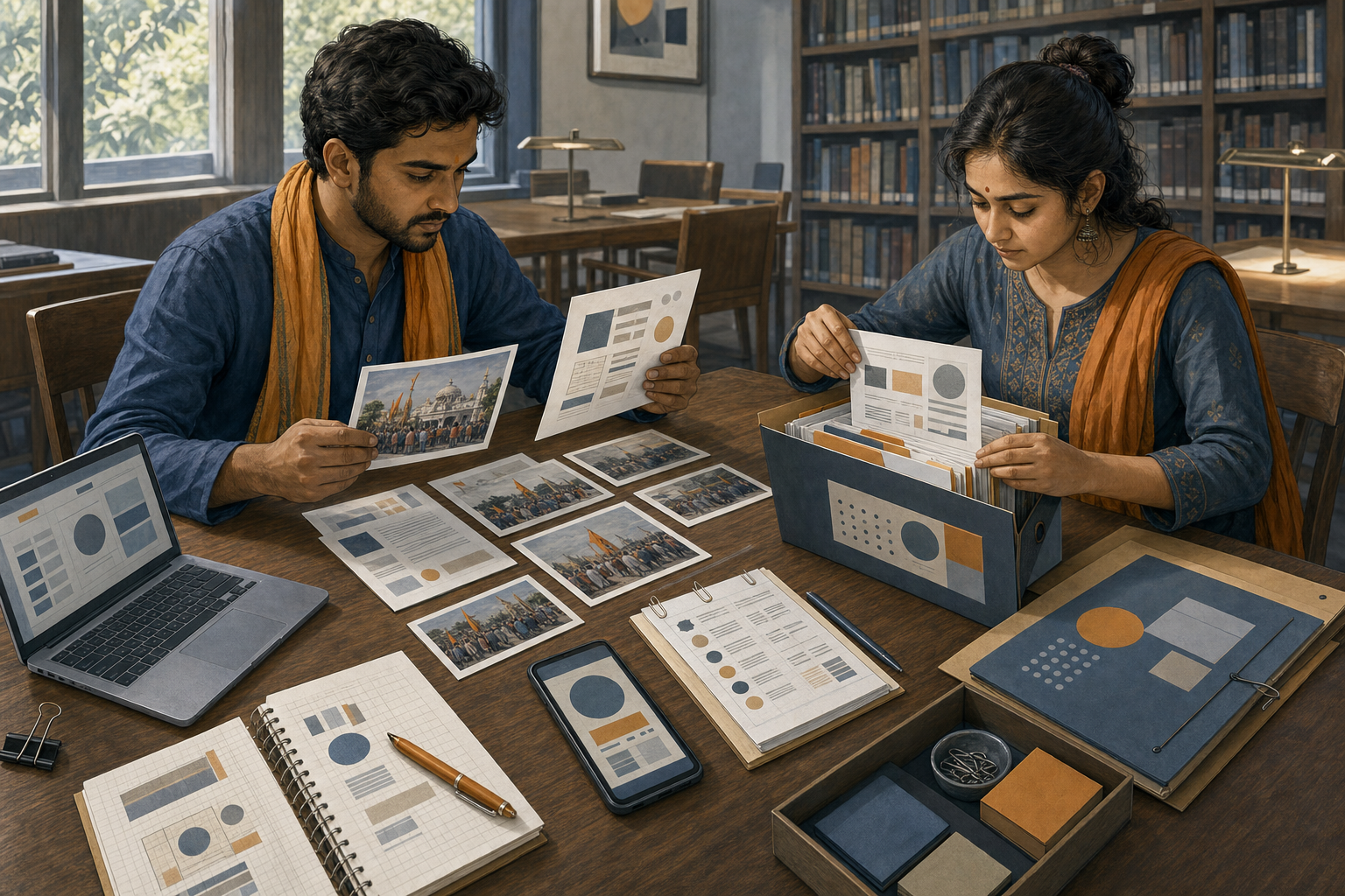 Two community volunteers organize photographs, notes, policies, and digital records at a library table.