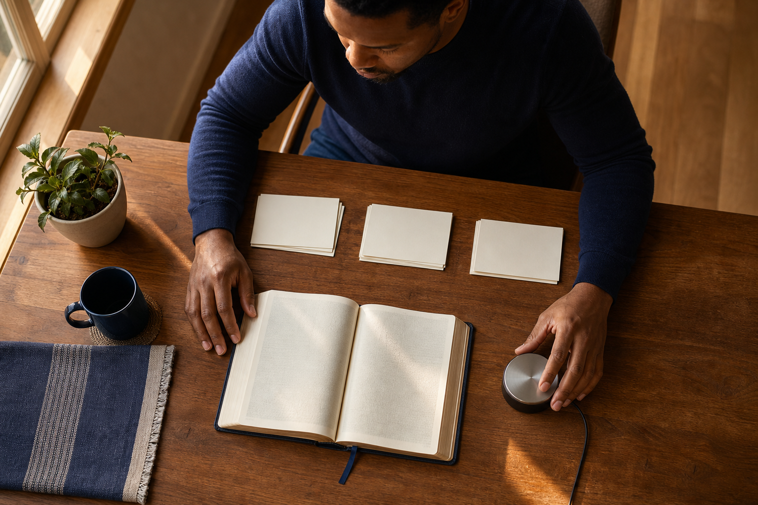 A listener pauses an audio discourse beside an open book and three organized groups of blank note cards on a wooden desk.