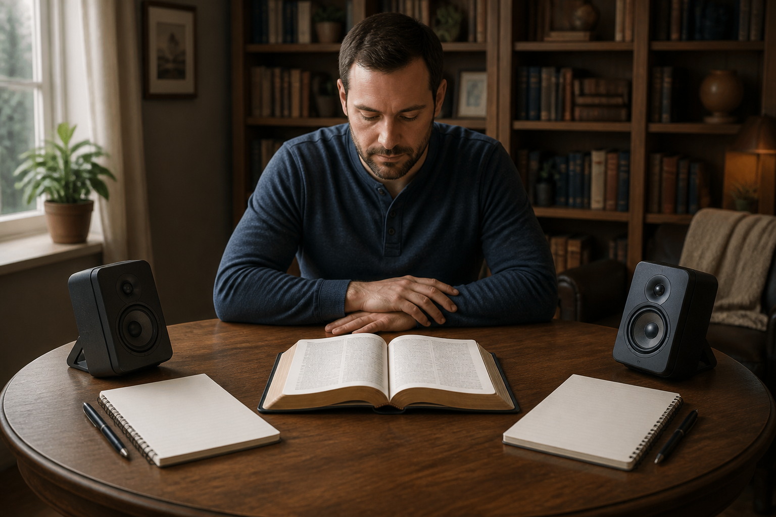 A listener compares two audio sources at a round table while consulting the same open sacred book between them.