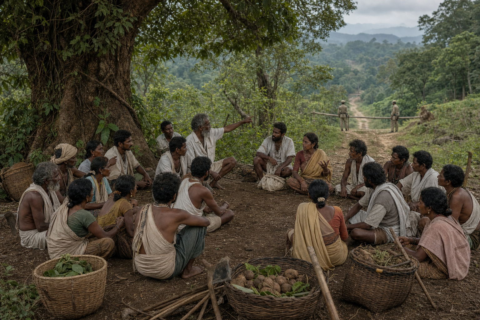 Koya villagers, including women and elders, meet with Alluri Sitarama Raju beneath a tree as a guarded forest path appears in the distance.