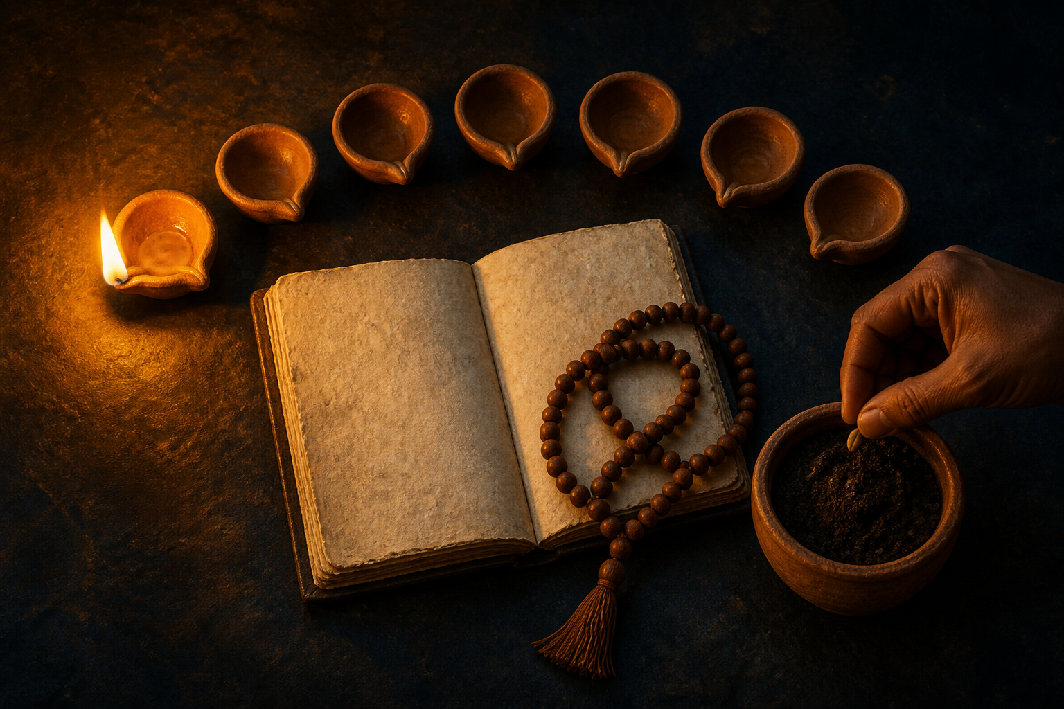 Seven small clay lamps surround an open sacred book as a hand plants one seed in an earthen pot beside prayer beads.
