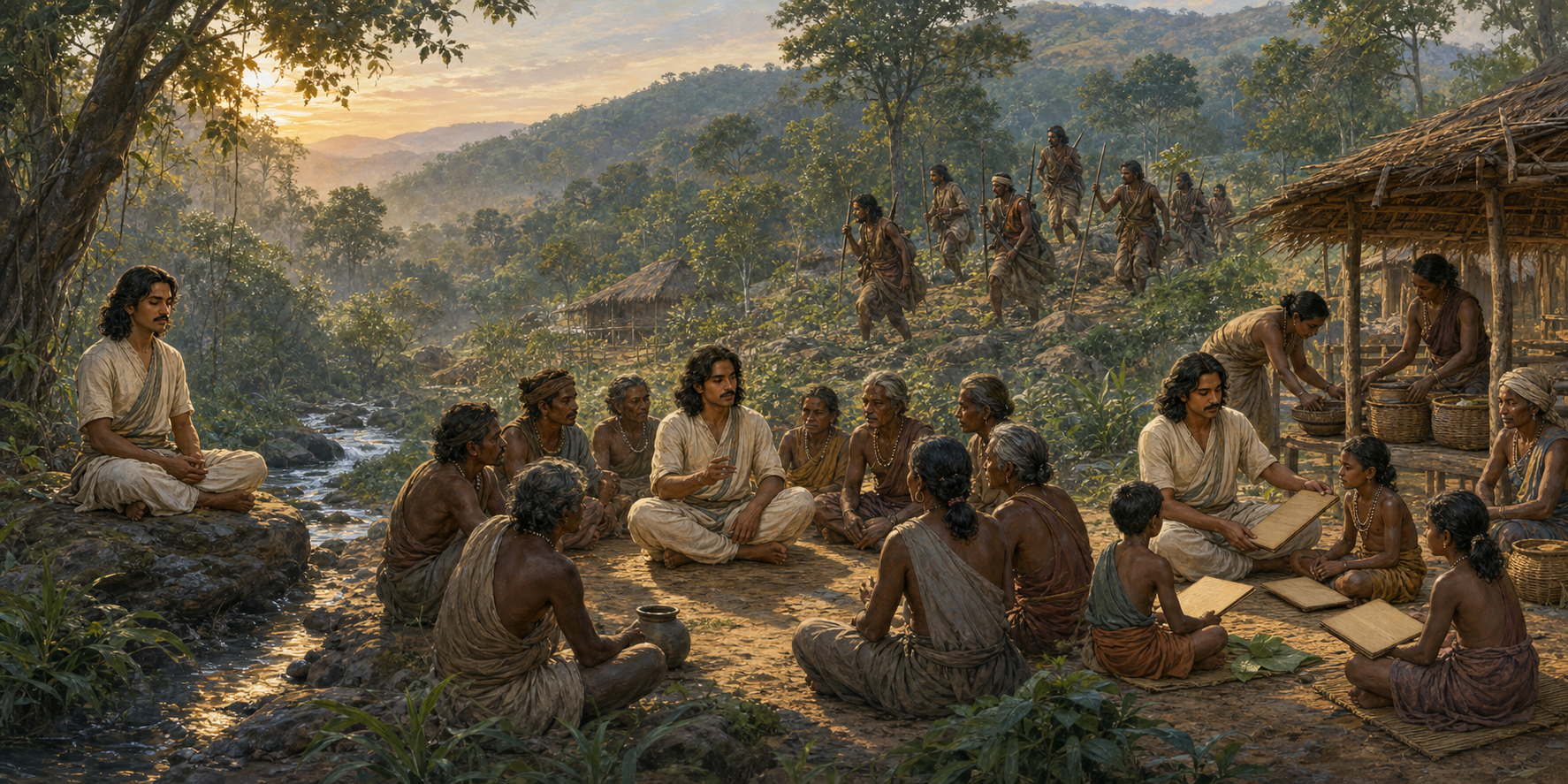 Panoramic illustration showing Raju meditating, joining a village council, organizing resistance, and helping create a community learning space.