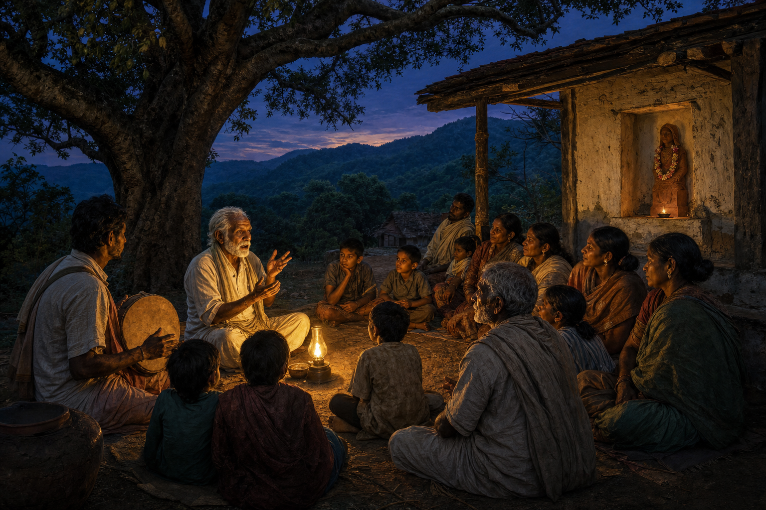 An elder tells a story to children and families beside a folk drummer at an evening gathering in an Andhra hill village.