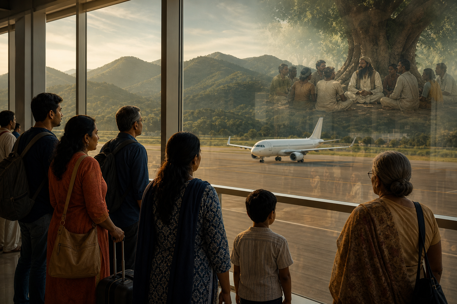 Travelers look across a regional airport runway toward the Eastern Ghats as a reflected historical village gathering appears in the terminal window.