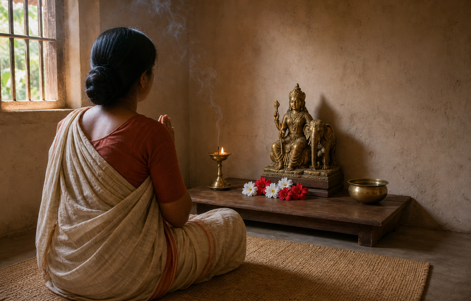 A seated devotee prays before a small household altar with a goddess image, an oil lamp, water and fresh flowers.