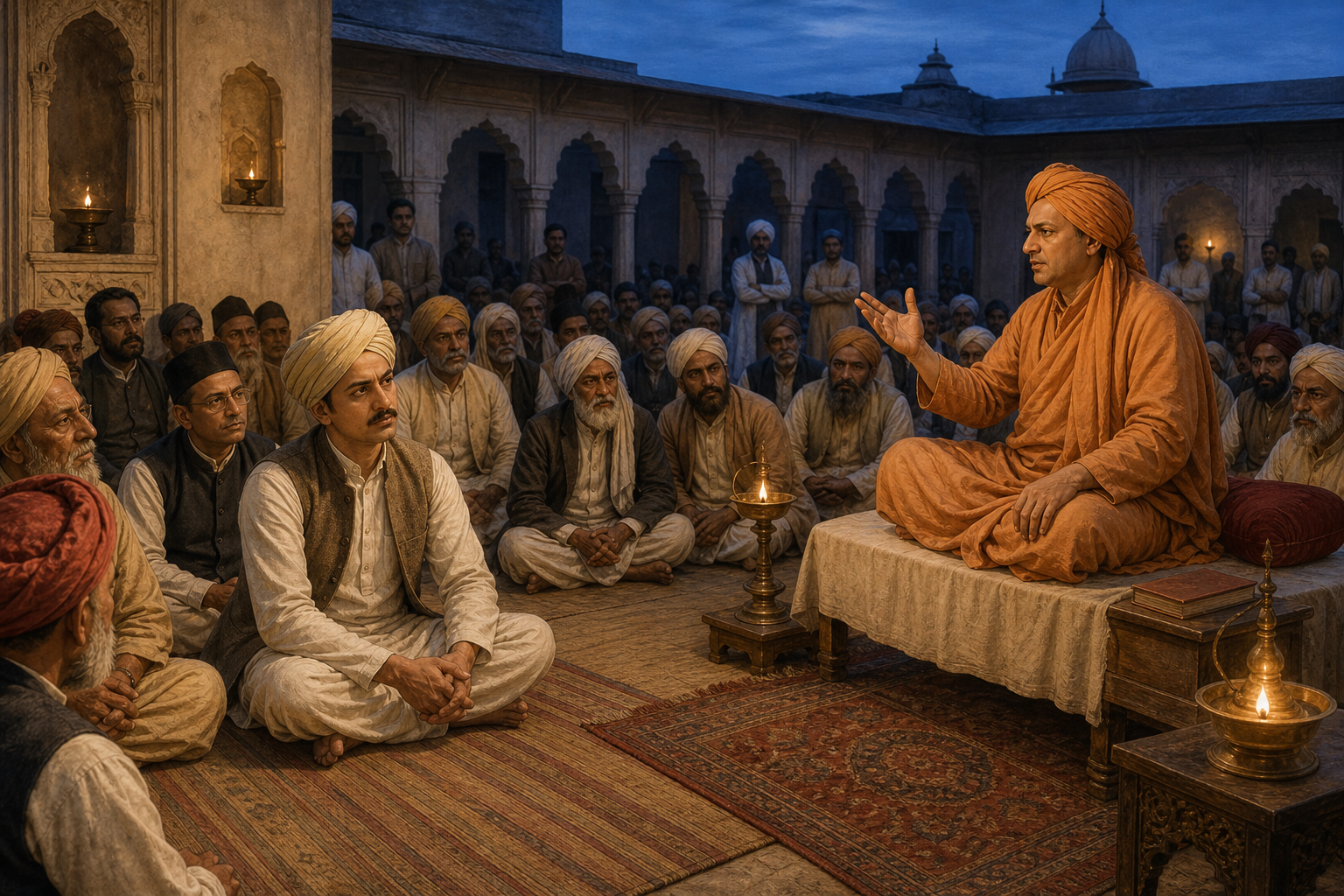 Swami Dayananda Saraswati addresses a late-19th-century courtyard gathering while the young Munshi Ram listens attentively among the audience.