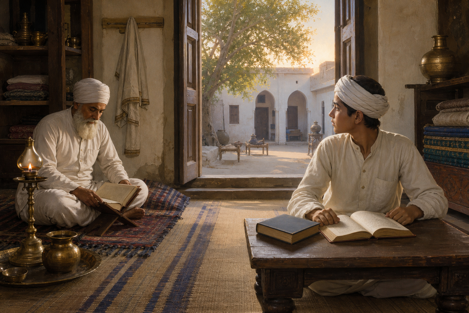 An adolescent boy sits with books in an orderly Punjabi household while an elder studies beside a brass lamp at dawn.