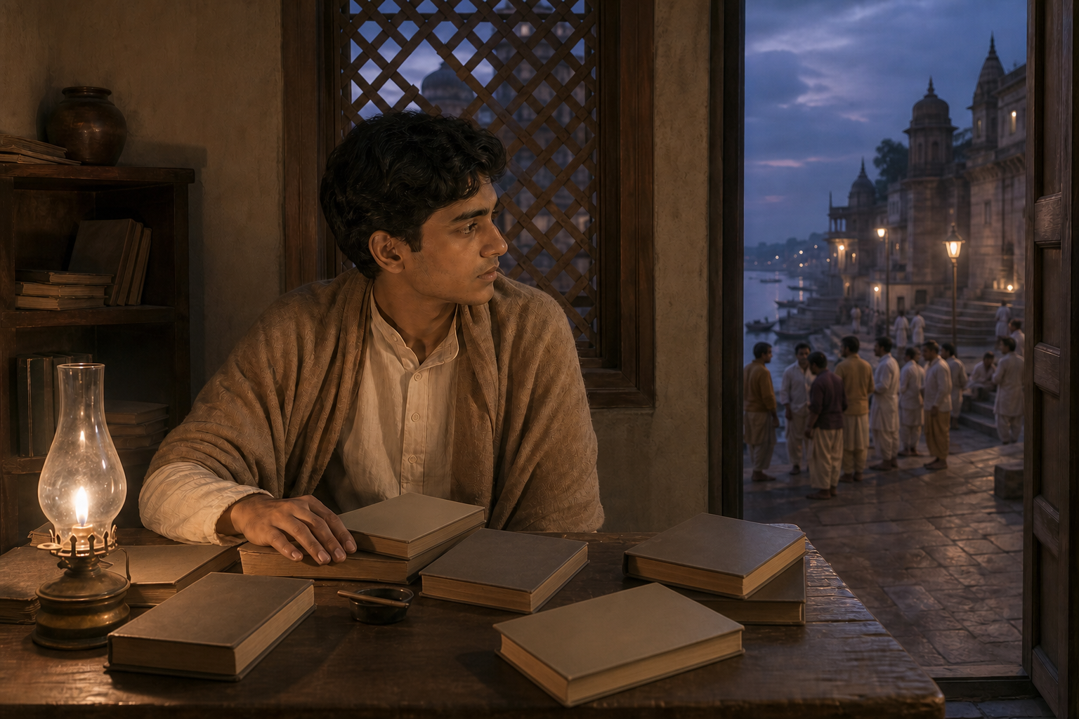 A young student in late-19th-century Benares looks away from his books toward a busy lantern-lit street.
