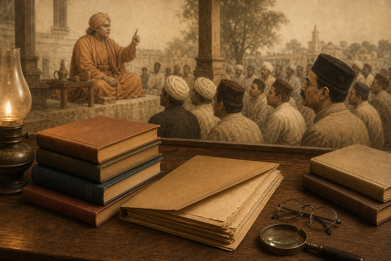 Archival books, loose papers, spectacles, and a magnifying lens sit before a softly rendered scene of Munshi Ram listening to Swami Dayananda.