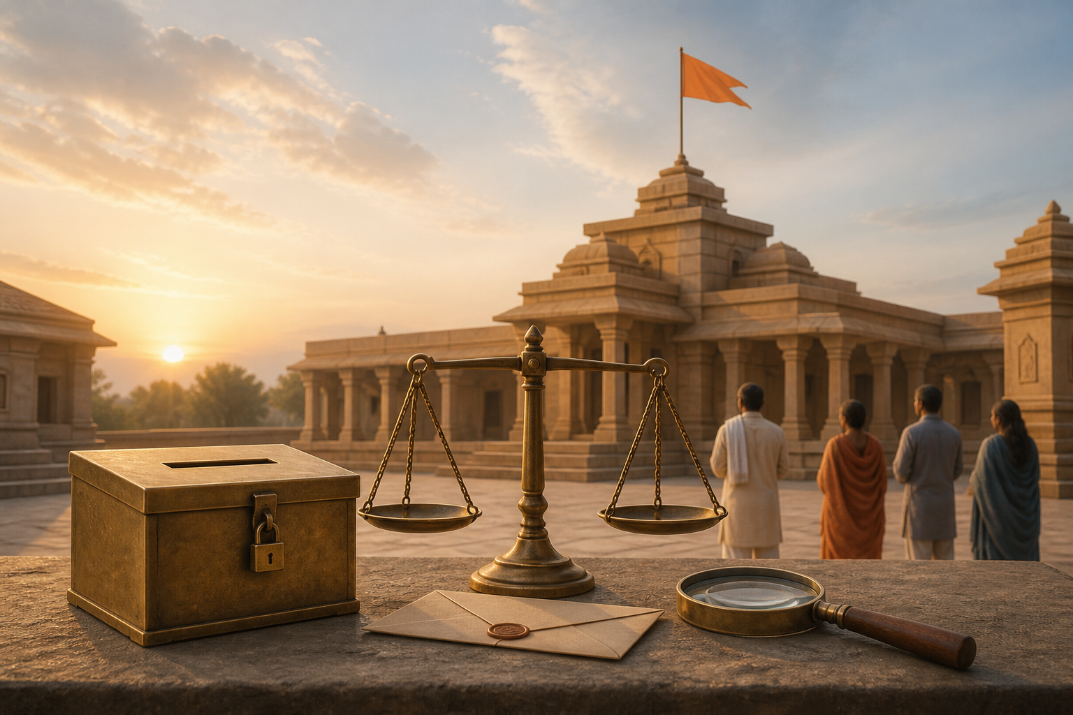 An unidentifiable stone temple, brass donation box, receipt envelope, magnifying glass, and balanced scale in calm dawn light.