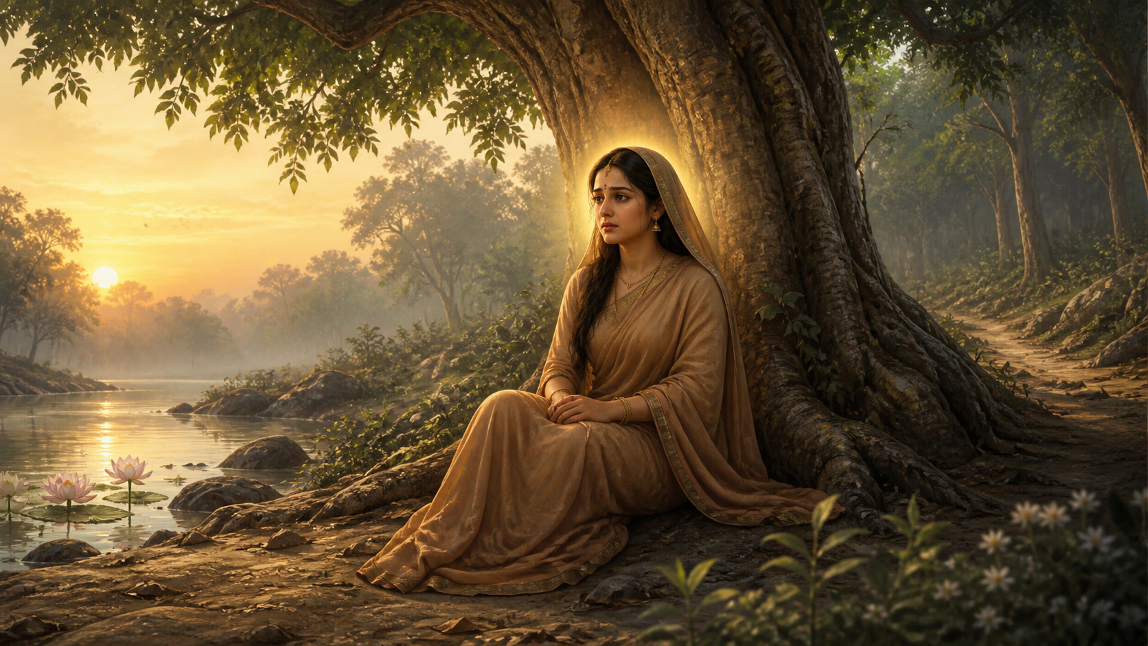 Mata Sita sits upright beneath a forest tree beside a river, surrounded by soft dawn light and a subtle golden radiance.