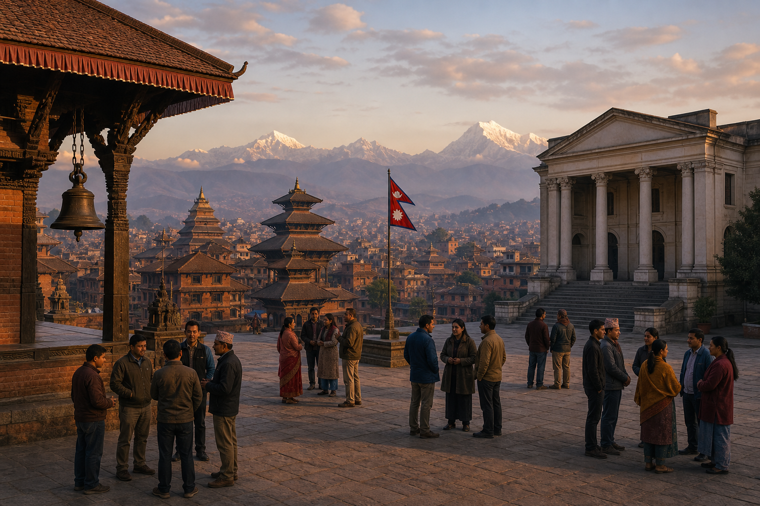 Nepali citizens gather in a civic square between pagoda-style temple roofs and a government building, with mountains and a Nepal flag in the background.