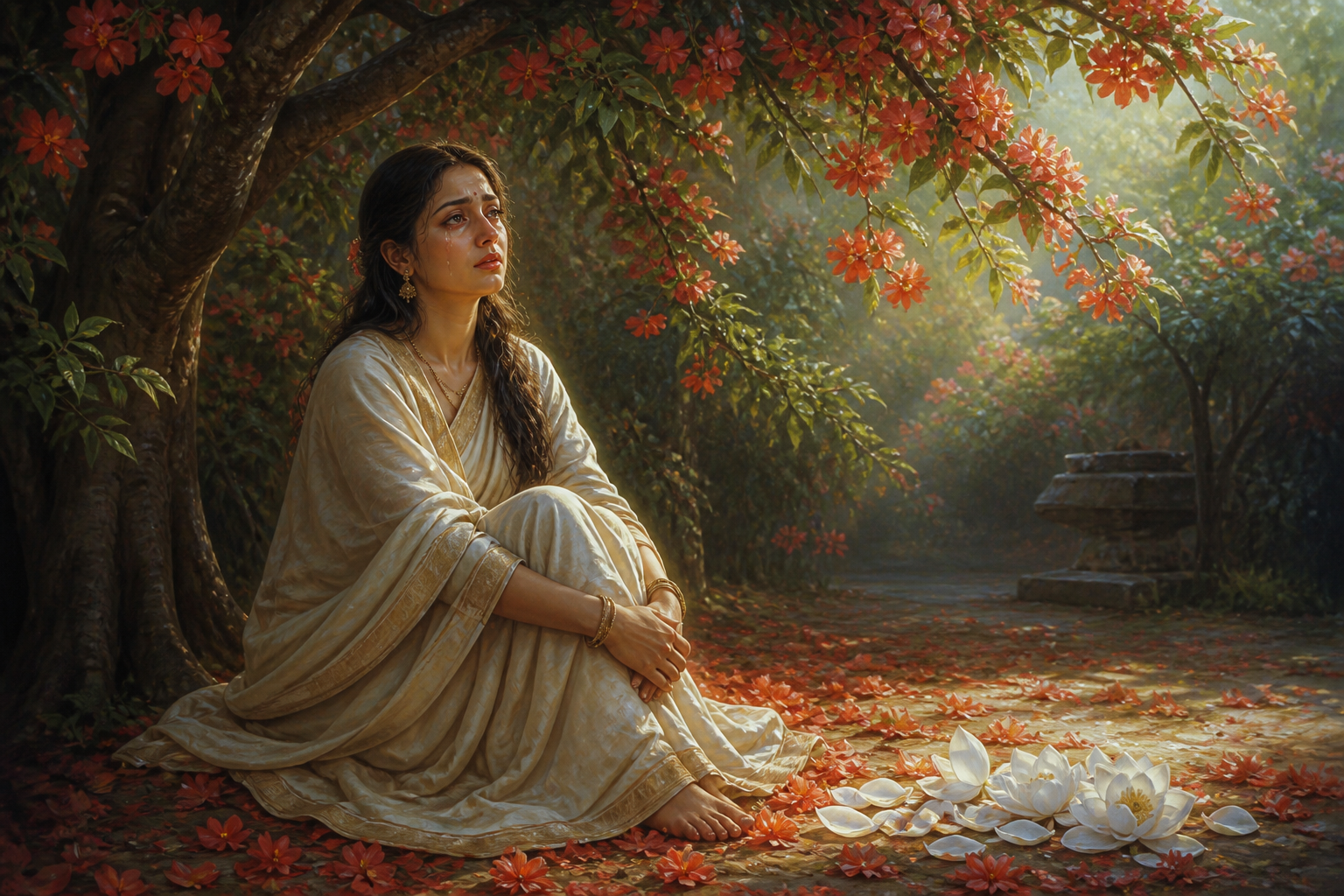 Sita sits sorrowfully but composed beneath flowering ashoka trees, with fallen blossoms and white lotus petals illuminated beside her.