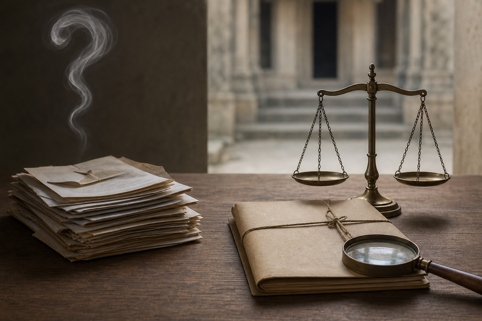 Separate stacks of unverified papers and secured evidence sit beside a magnifying glass and level balance on a desk.