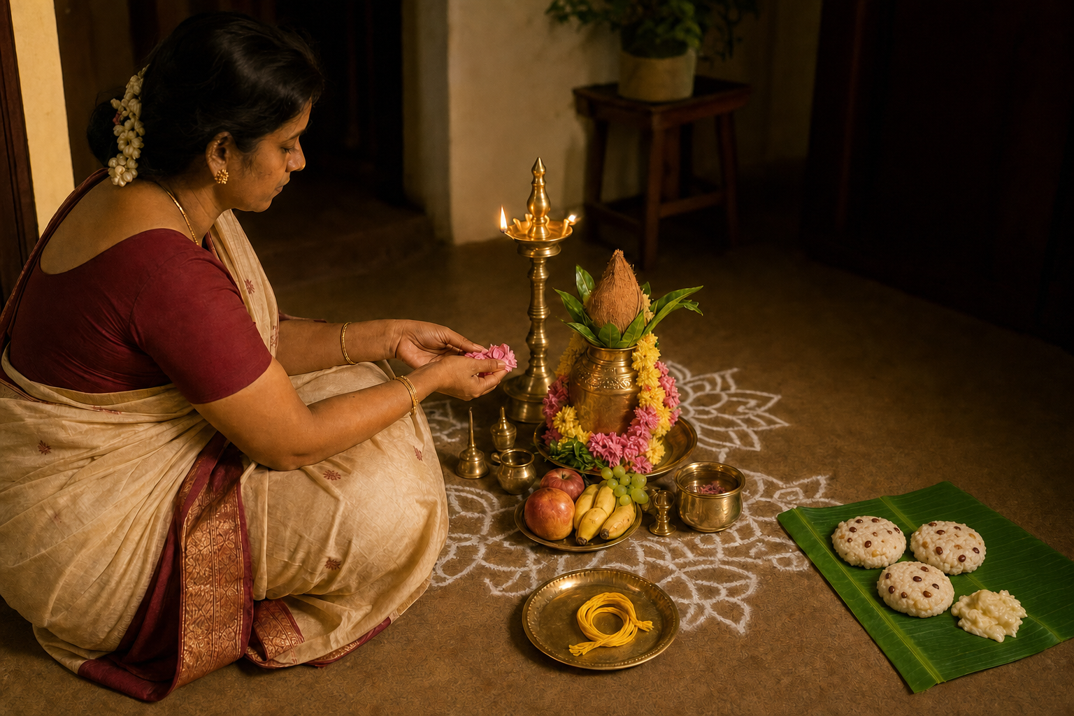 A woman worships before a lamp and kalash, with a yellow sacred thread ready beside an untouched offering of karadai adai and butter.