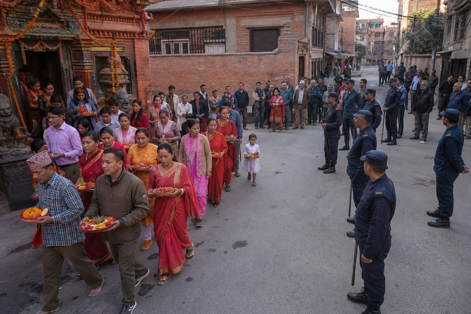 Hindu worshippers carrying offerings approach a Nepali temple while local security officers calmly protect the surrounding street.