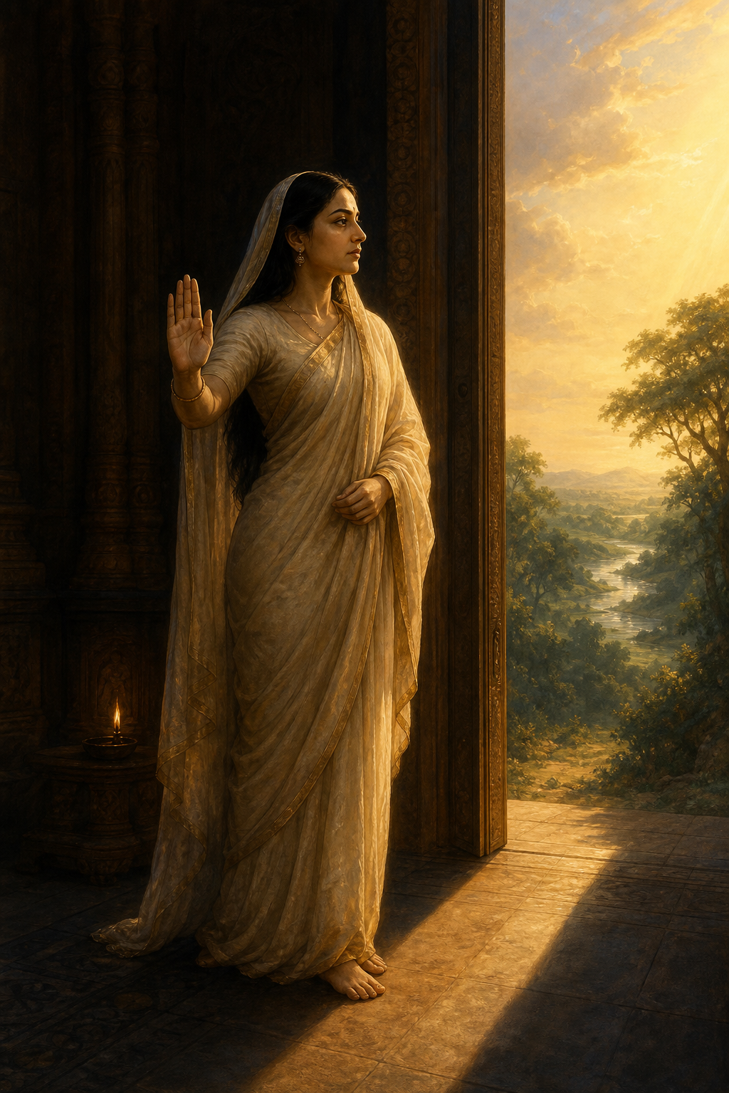 Sita stands firmly at the threshold of a shadowed hall, raising an open hand as sunlight and an oil lamp illuminate the scene.