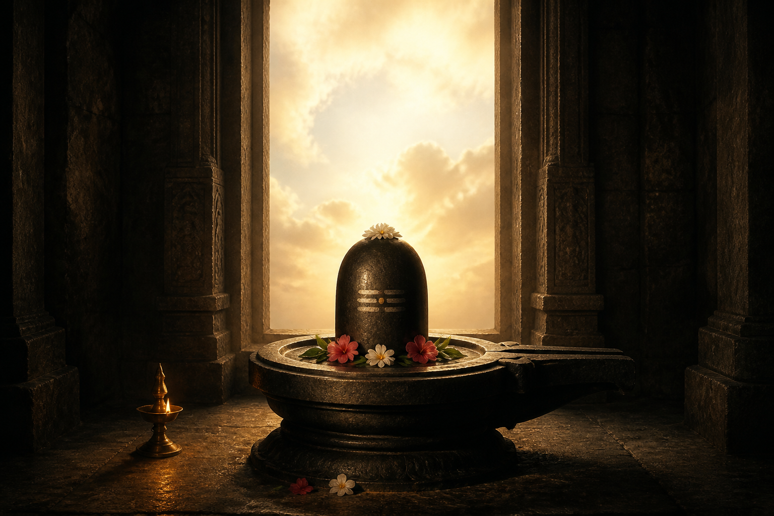 A dark stone lingam lit by an oil lamp stands before an open shrine doorway filled with luminous sky.