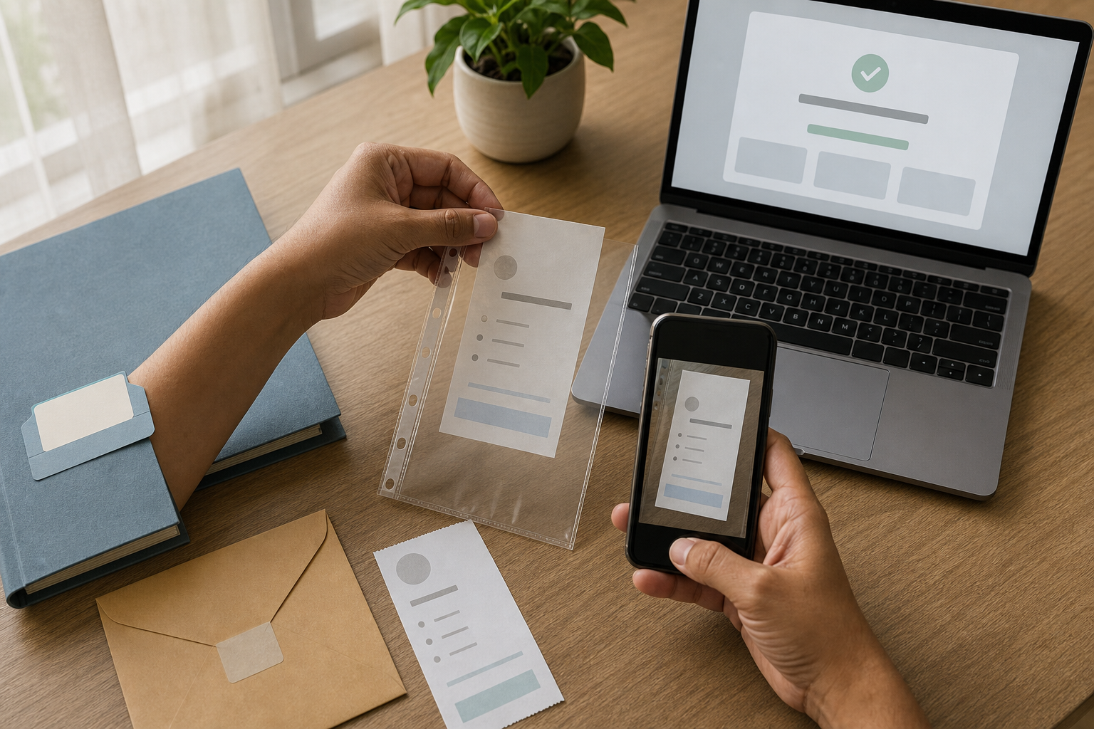 A person places a donation receipt in a protective sleeve while photographing it beside other payment records.