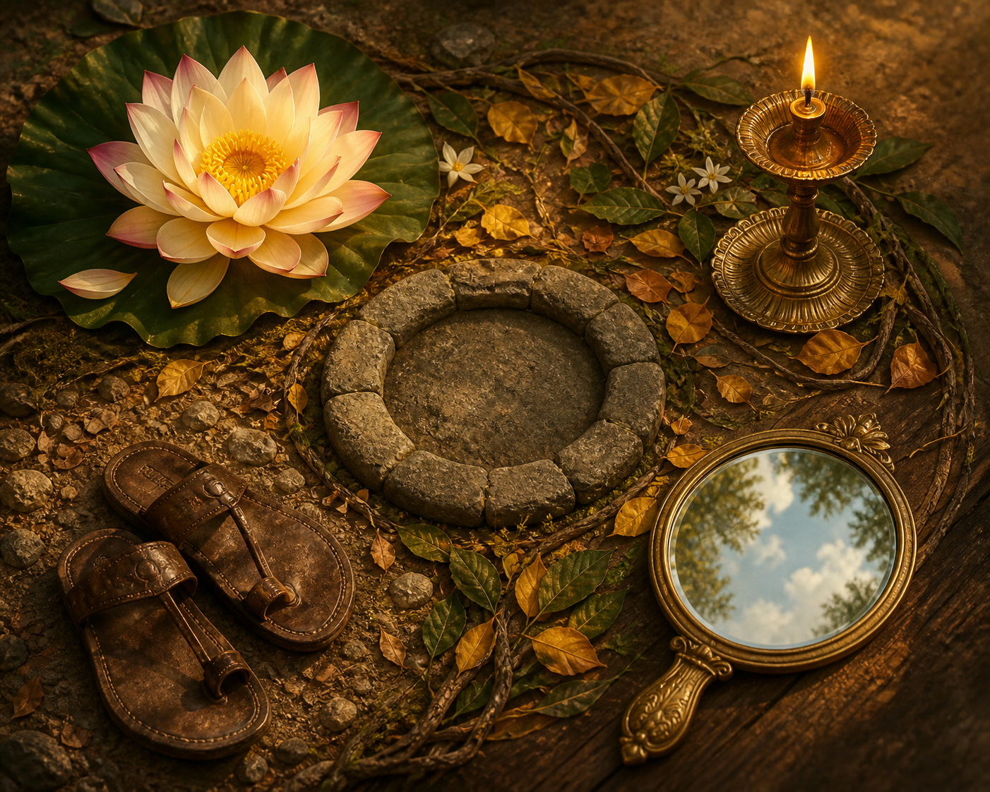 A lotus, worn sandals on a forest path, a burning oil lamp, and a brass mirror form four connected symbolic scenes.