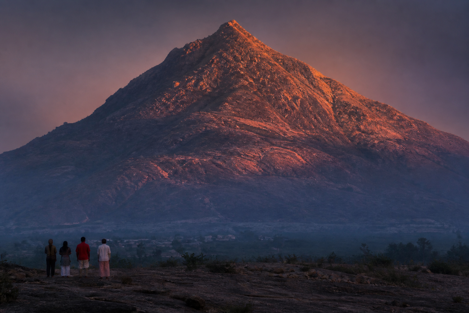 Copper-colored sunrise light illuminates the rocky face of Arunachala Hill while a few pilgrims stand in the shadowed foreground.